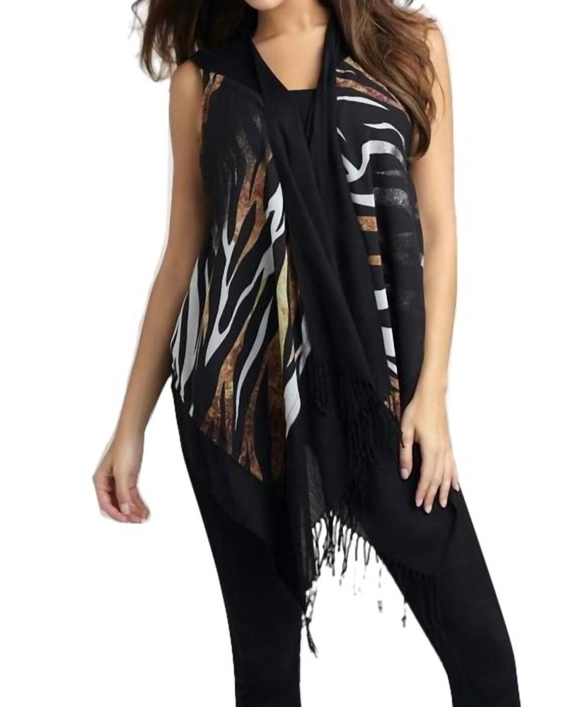 Front of a model wearing a size XL Tiger Stripes Long Vest in Black Multi in Black Multi by ANGEL. | dia_product_style_image_id:326626